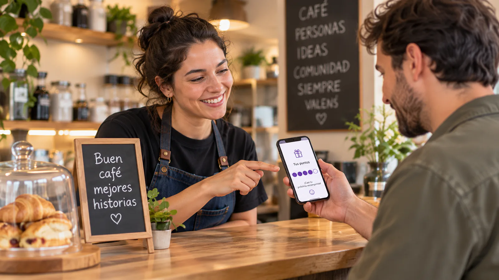 Cliente consultando su programa de fidelización digital en una cafetería